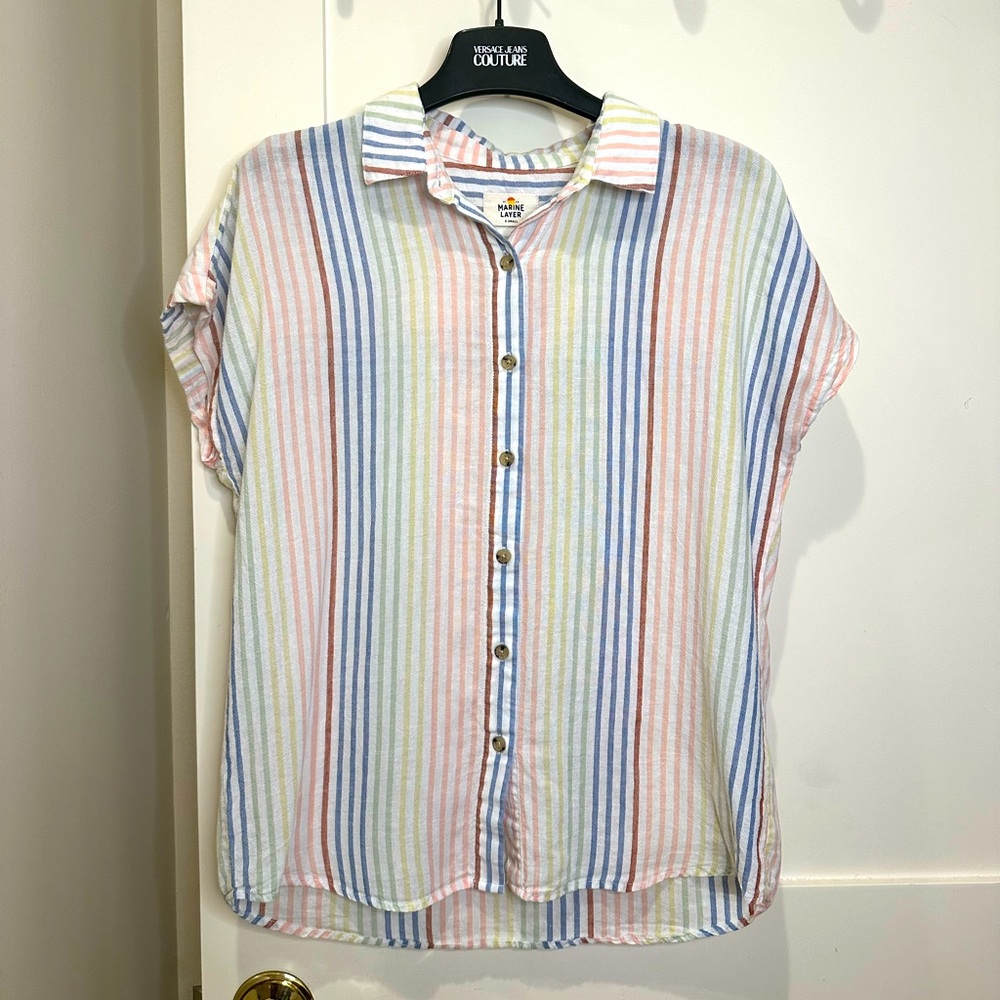 Marine Layer Women’s Diana Shirt XS Rainbow Linen Blend Short Sleeve Spring 2020
